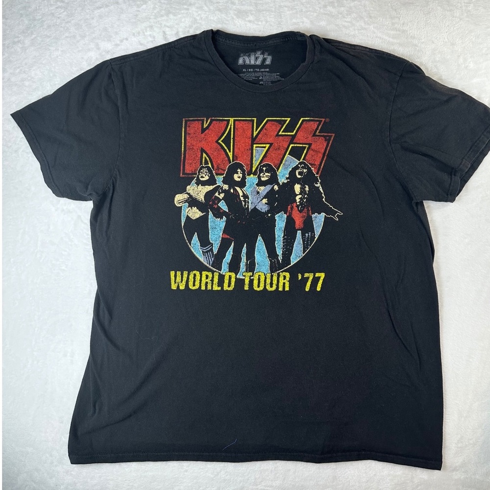 KISS World Tour 77 Graphic T-Shirt Mens XL Black Short Sleeve Rock Band Tee